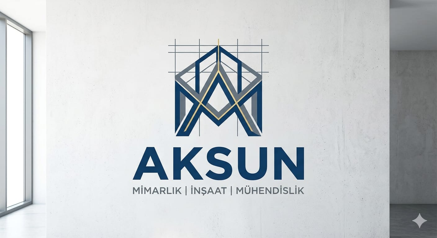 Aksun Mimarlık marka kimliği — beton duvar üzerine logo uygulaması